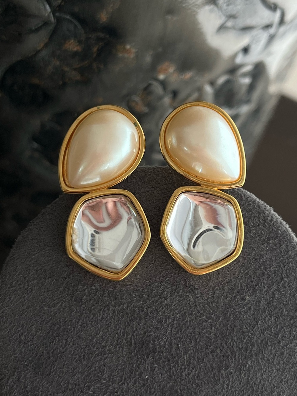 Authentic Vintage YSL Irregular Clear Glass Cabochon Pearl Gold Clip-On Earrings